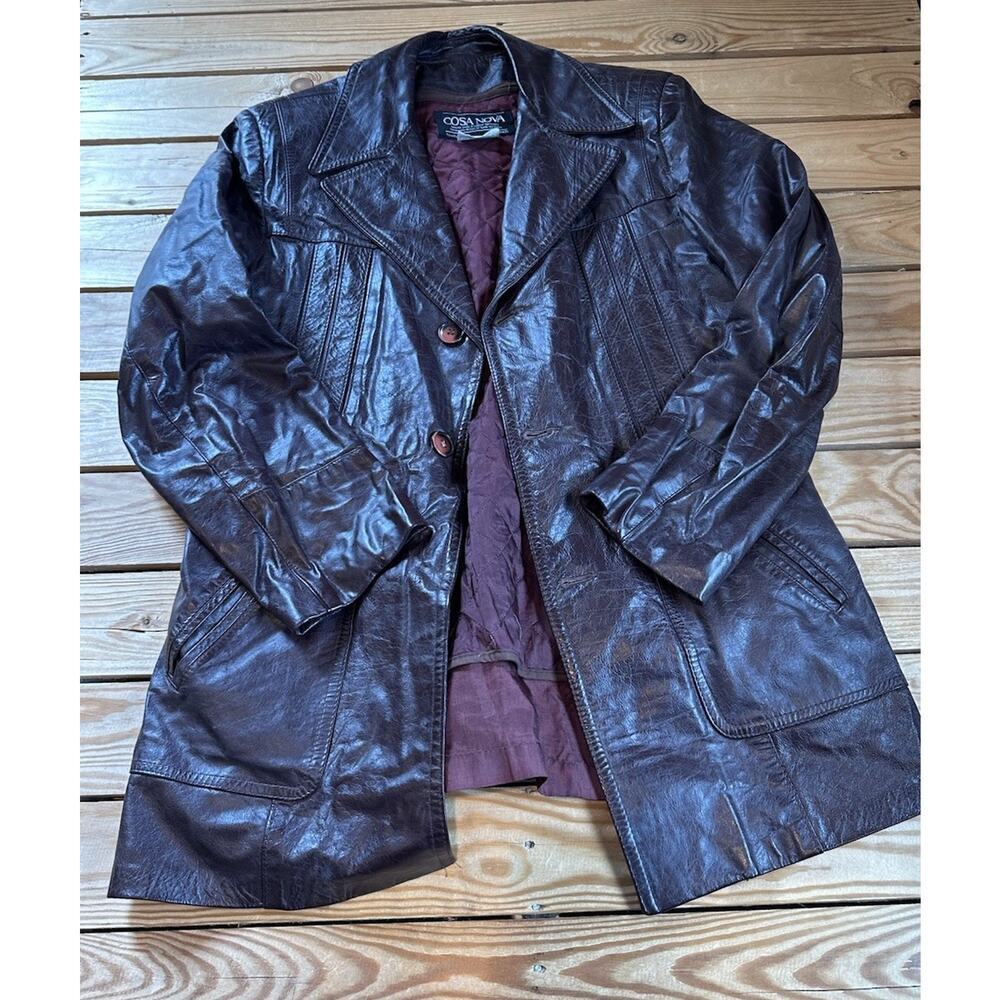 Vintage Cosa Nova Leather Jacket Size 42 Mens Brown Button Front
